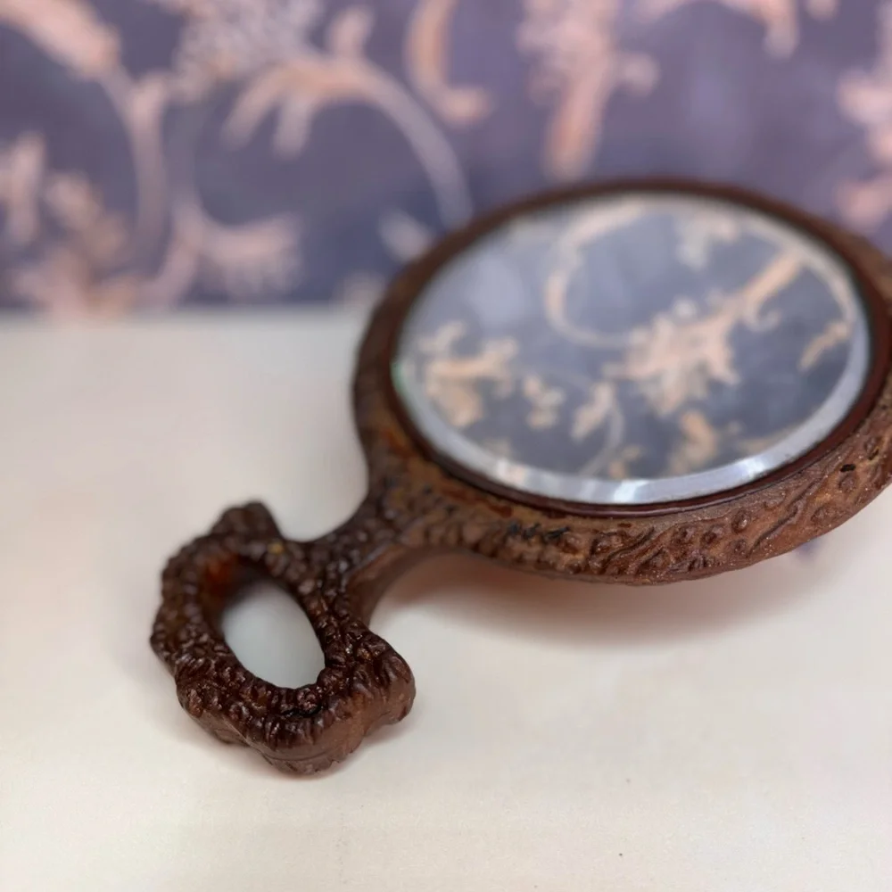 Antique Victorian Wood Mirror Beveled Glass Hand Mirror